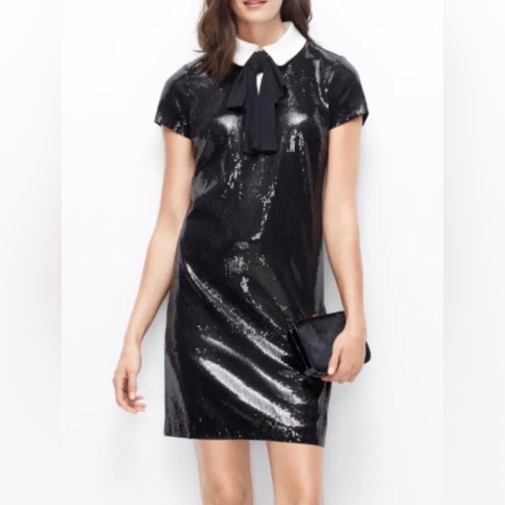 NWT Ann Taylor Black Sequin Dress Removable Tie 3 Button Lapel Women’s Size 6